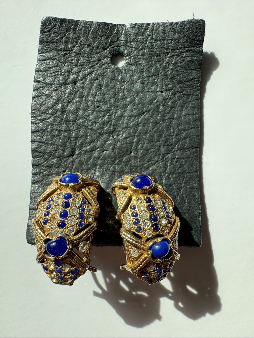 Vintage Gold Domed Sculptural Lapis Cabochon Rhinestone Diamond Stud Earrings